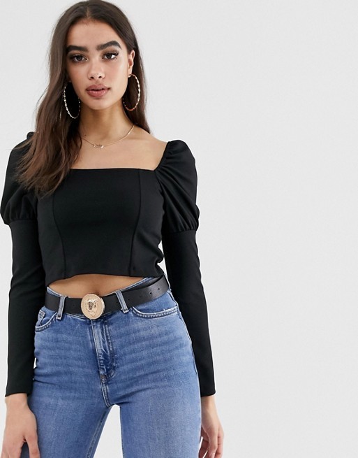 ASOS DESIGN long sleeve top with square neck and puff sleeve in black | ASOS US