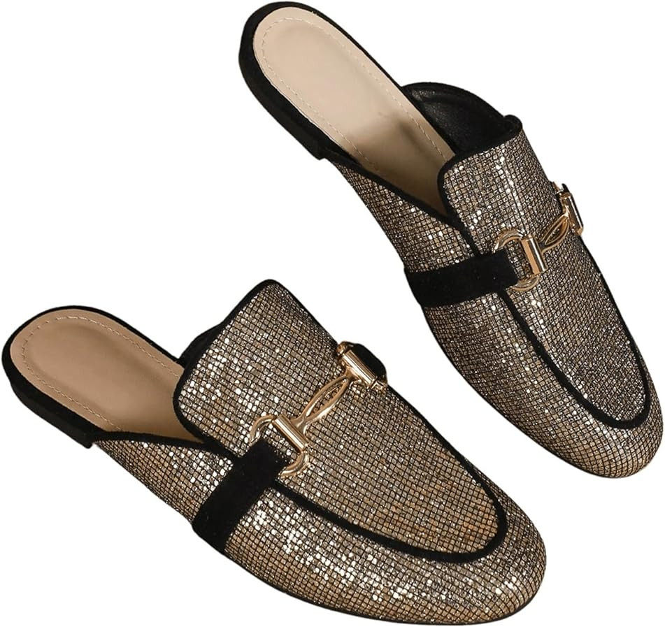 SweatyRocks Women's Glitter Round Toe Mules Flats Metal Decor Backless Dressy Loafers Shoes | Amazon (US)