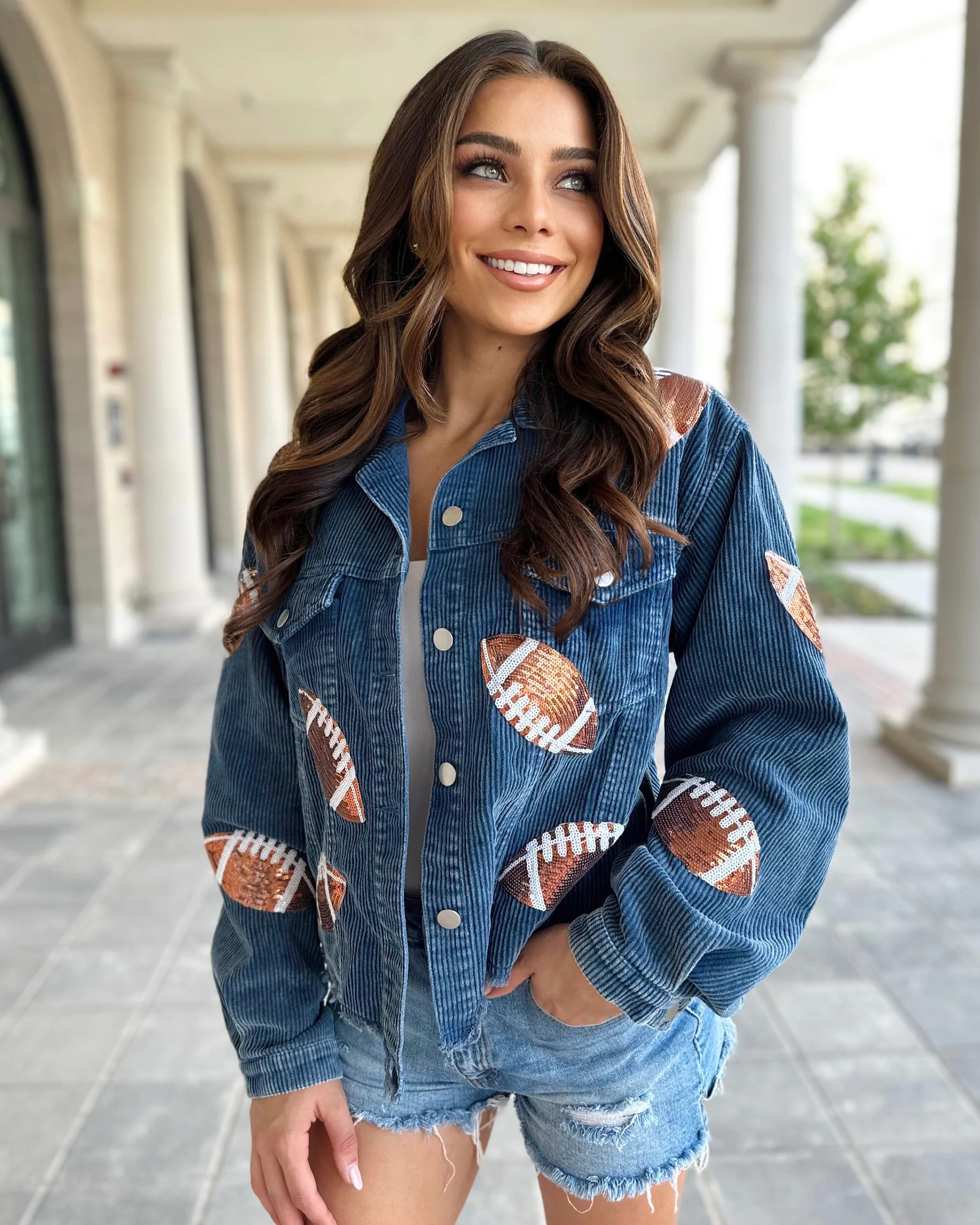 Deep Navy Corduroy Sequin Football Cropped Jacket | Live Love Gameday®