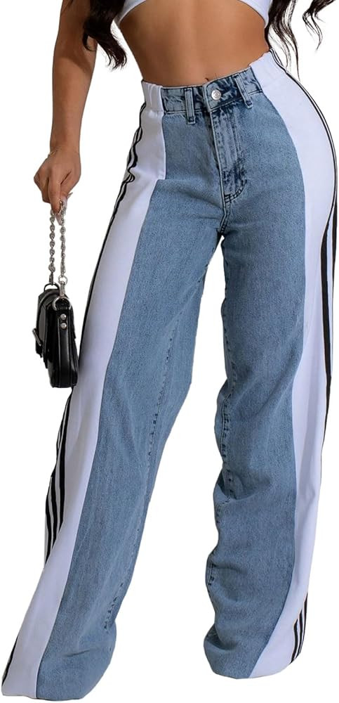 Angsuttc Womens Jeans with Patchwork Stripes High Waisted Stretchy Denim Color Block Straight Wid... | Amazon (US)