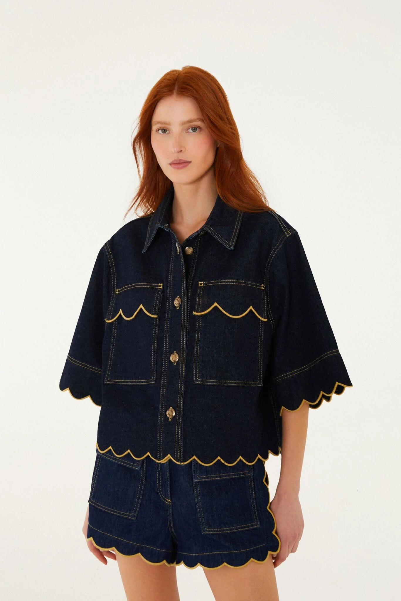Dark Denim Pockets Wavy Hem Shorts | FARM Rio | FarmRio (US)