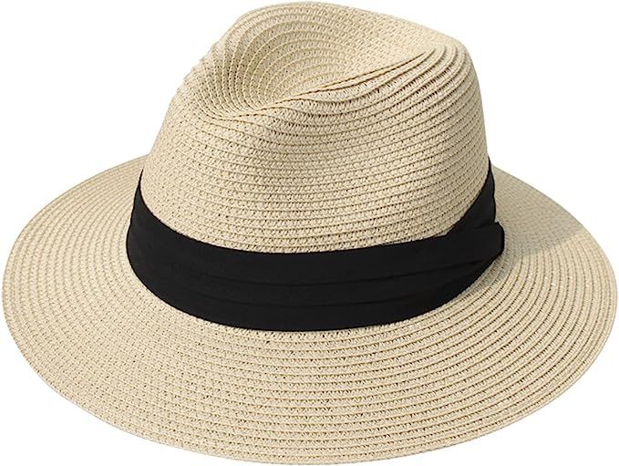 Lanzom Women Wide Brim Straw Panama Roll up Hat Fedora Beach Sun Hat UPF50+ | Amazon (US)