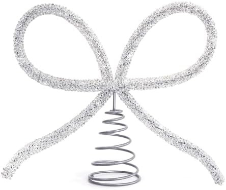 Christmas Decorations - Christmas Decor - Silver Glass Rhinestone Bow Tree Topper - Xmas Holiday ... | Amazon (US)
