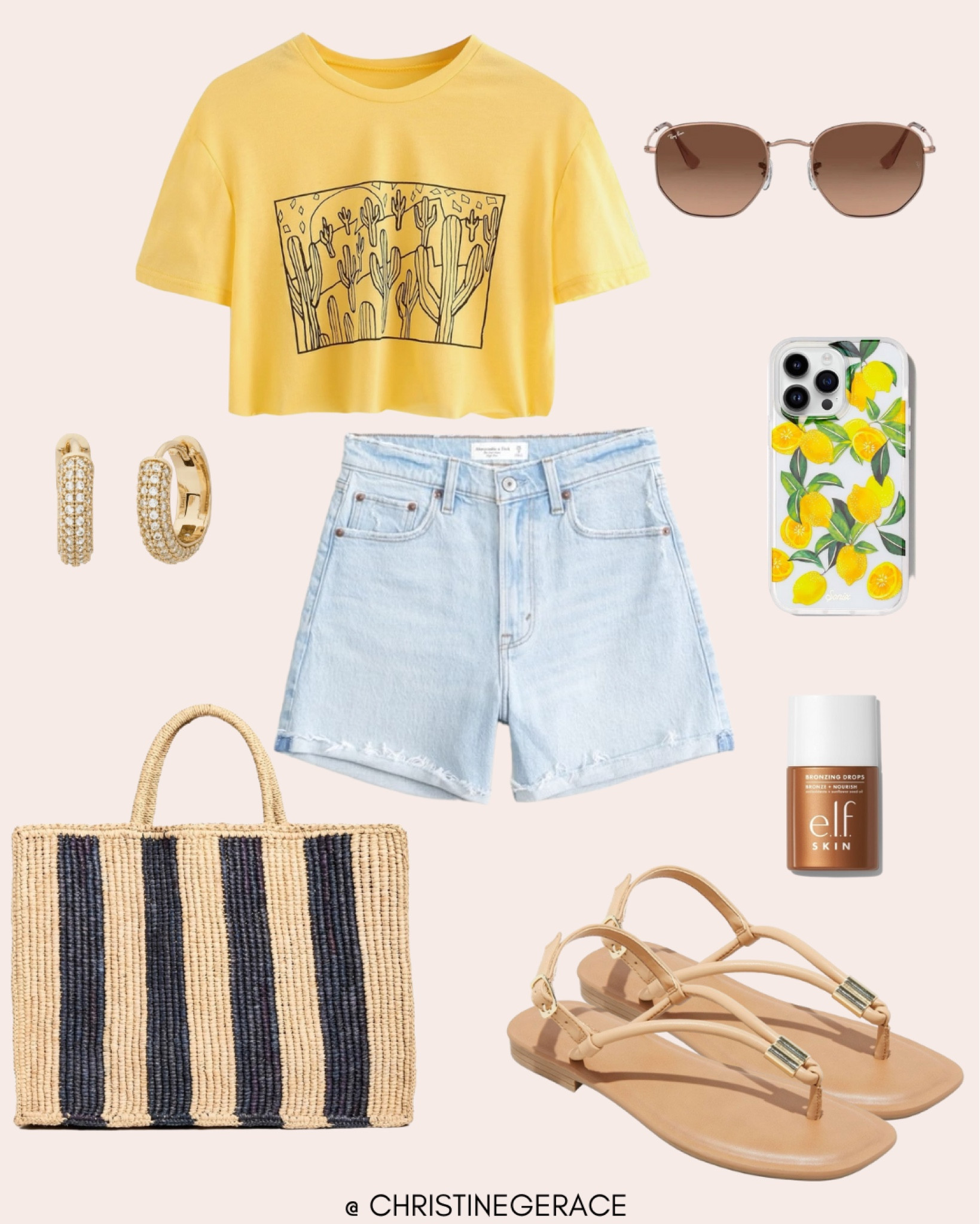 Summer outfit inspo 
* Crop top, denim shorts, tote bag, sunglasses, sandals, earrings, bronze drops, lemon phone case 

#LTKStyleTip #LTKSummerSales #LTKFindsUnder50
