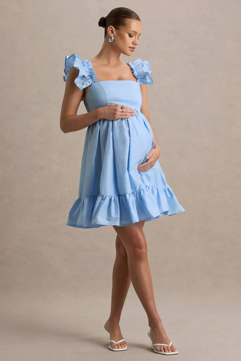 Dolly Daze  Powder Blue Ruffle Sleeve Babydoll Maternity Mini Dress | Club L London