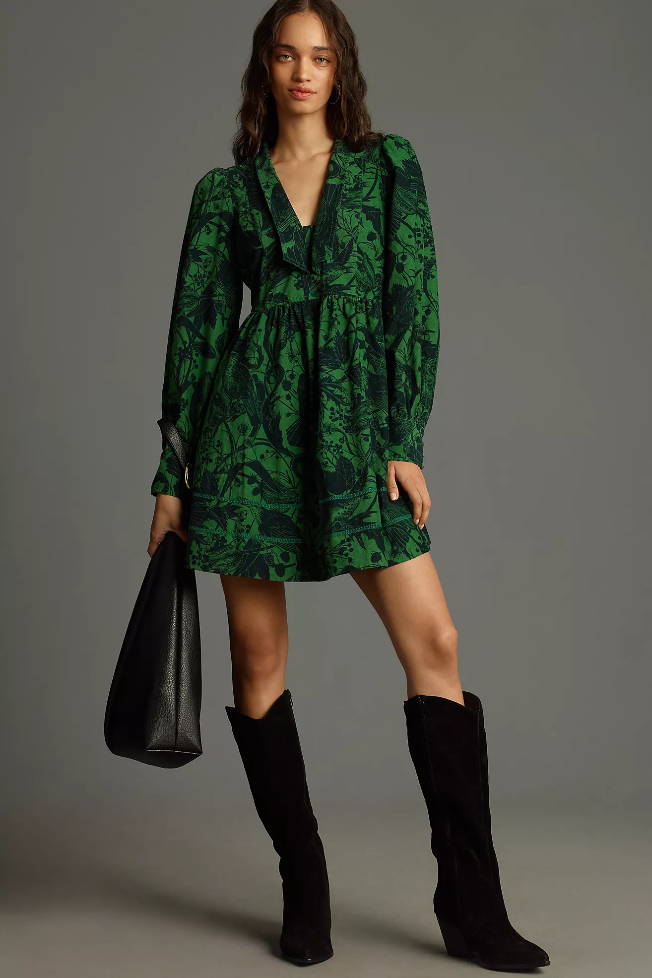 Pilcro Long-Sleeve V-Neck Corduroy Babydoll Mini Dress | Anthropologie (US)