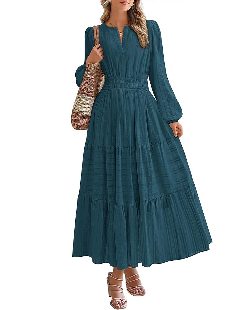 BTFBM Fall Dresses for Women 2025 Casual Long Sleeve V Neck Elastic Waist Lightweight Maxi Weddin... | Amazon (US)