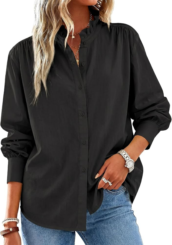 Cicy Bell Womens Oversized Button Down Shirts Long Sleeve Ruffle Collar Top | Amazon (US)