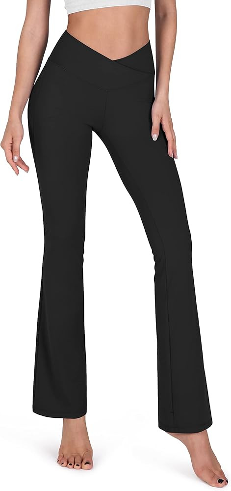 ODODOS Women's Cross Waist Bootcut Yoga Pants with Inner Pocket, Non See Through Bootleg Gym Work... | Amazon (US)