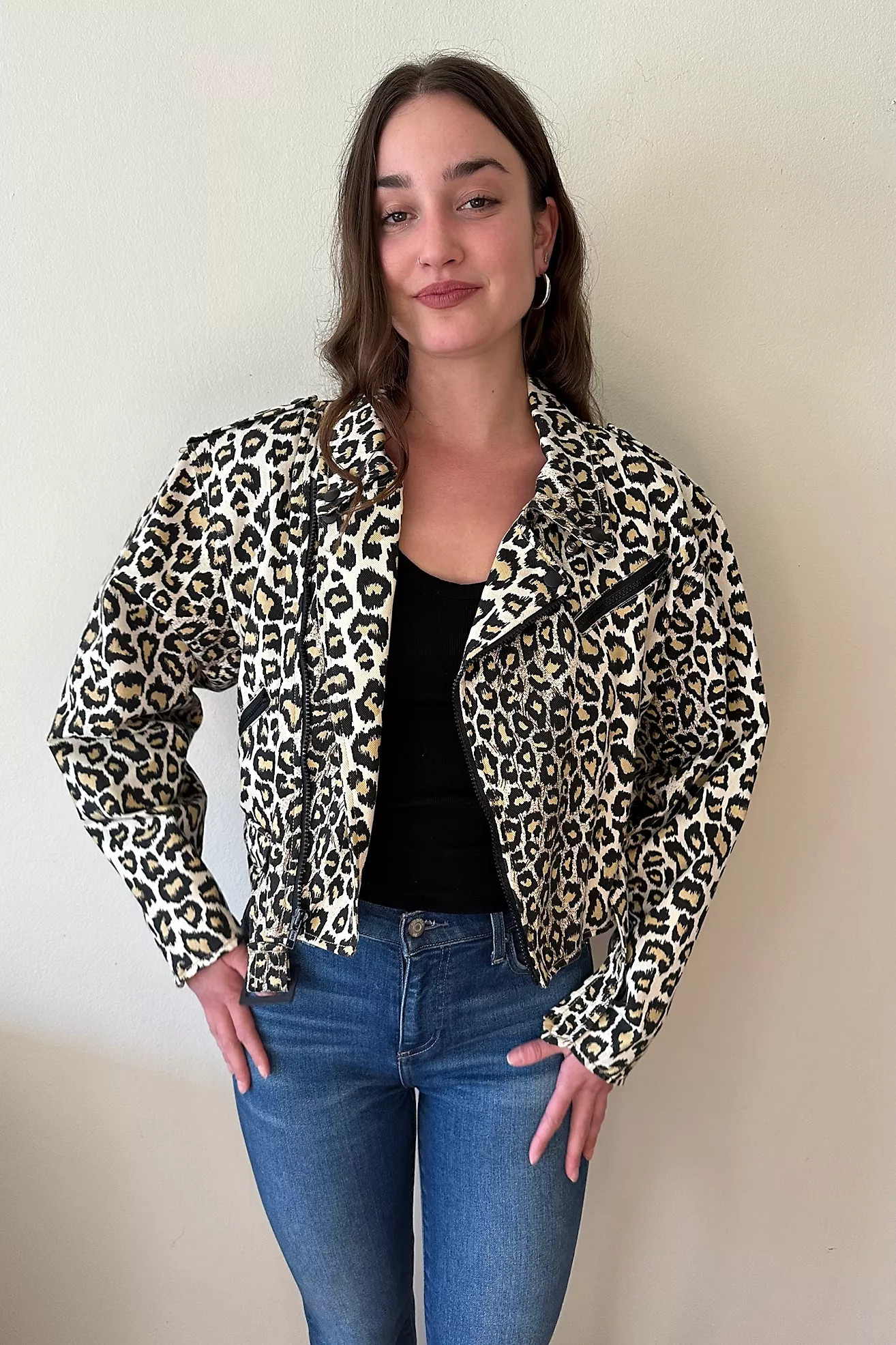 Z. Cavaricci Leopard Print Denim Cropped Zipped Jacket Selected by Picky Jane | Free People (Global - UK&FR Excluded)