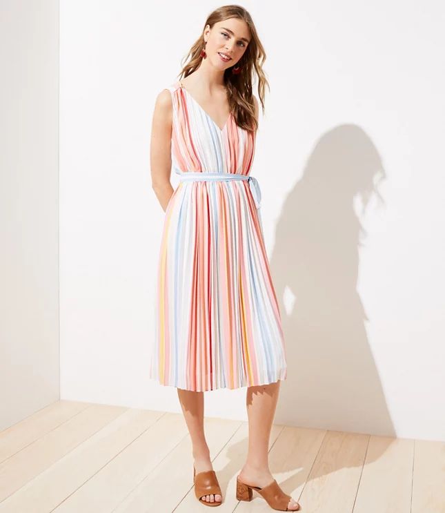 Stripe Pleated Tie Waist Midi Dress | LOFT