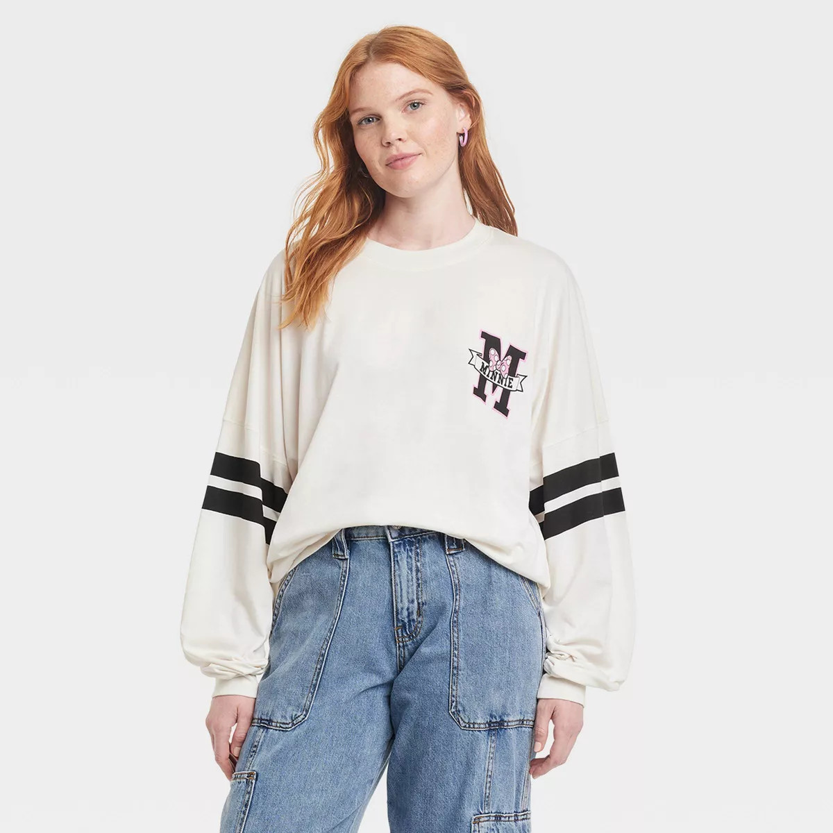 Women's Minnie Mouse Collegiate Long Sleeve Jersey Graphic T-Shirt - Off-White | Target