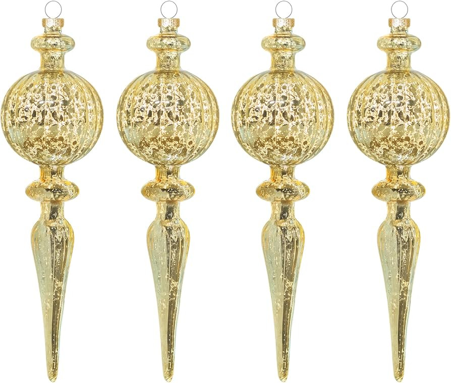 KI Store Mercury Glass Finial Christmas Ornaments Champagne Gold 4pcs 8-Inch Large Hanging Christ... | Amazon (US)