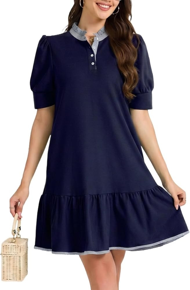 LifeShe Short Puff Sleeve Dress for Women Striped Ruffled Collar A Line Polo Tiered Mini Dresses | Amazon (US)