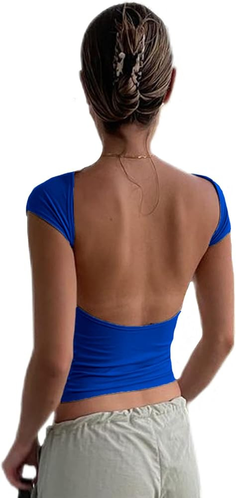 Women's Backless T-Shirts Y2K Crop Top Solid Casual Long Sleeve Sexy Vintage Cut Out 2023 Summer ... | Amazon (US)