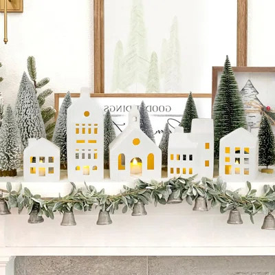 Christmas Village Sets Of 5 Lighted Ceramic Houses With Remote Control And 9 Trees, White | Wayfair Professional