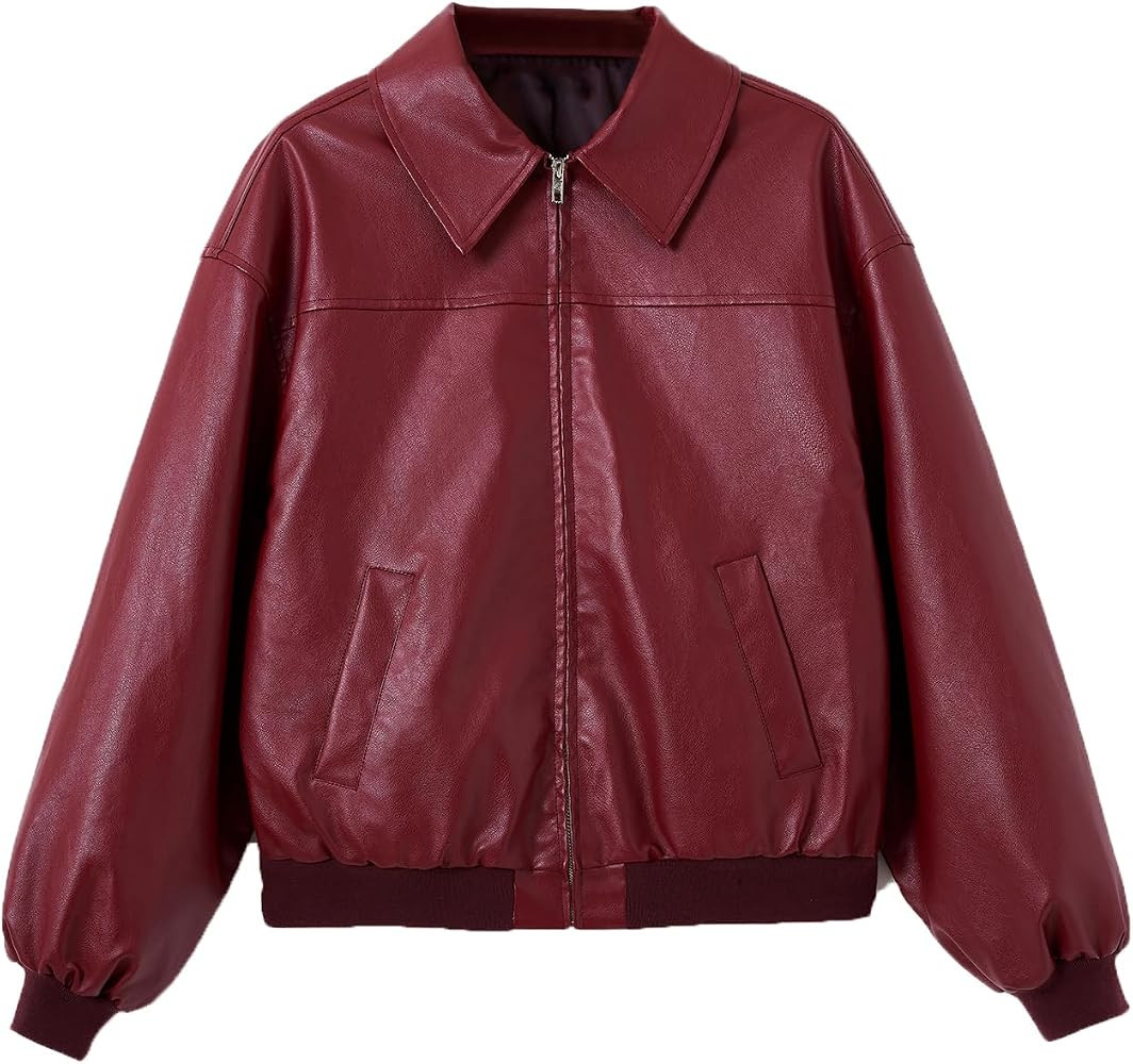 SHENHE Women's Leather Jacket Collared Neck Lantern Sleeve Zip Up Streetwear Motorcycle Bomber Ja... | Amazon (US)