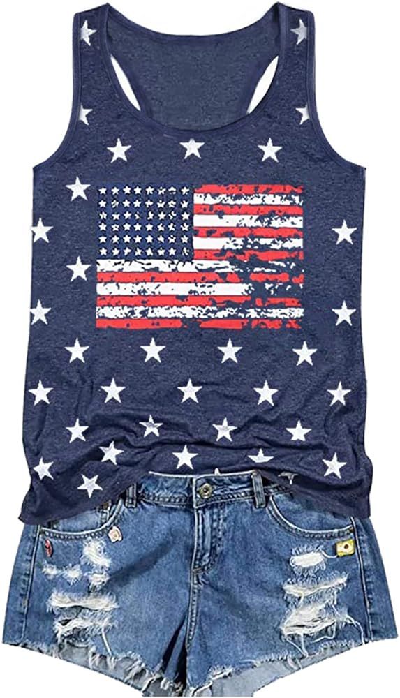 Binshre USA Flag Print Tank Tops Women American Stars Stripes Patriotic T Shirt Summer Casual Ves... | Amazon (US)