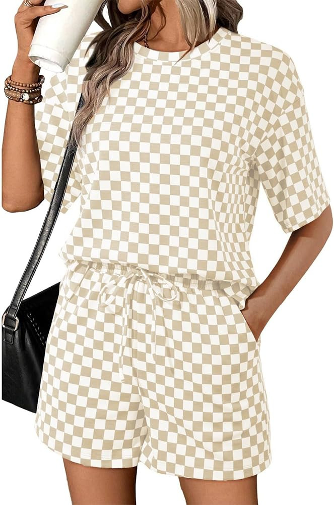 Women's Sexy 2 PCS Plaid Printed T-shirts Tops Bodycon Shorts Cocktail Party Outfits Tracksuit Se... | Amazon (US)