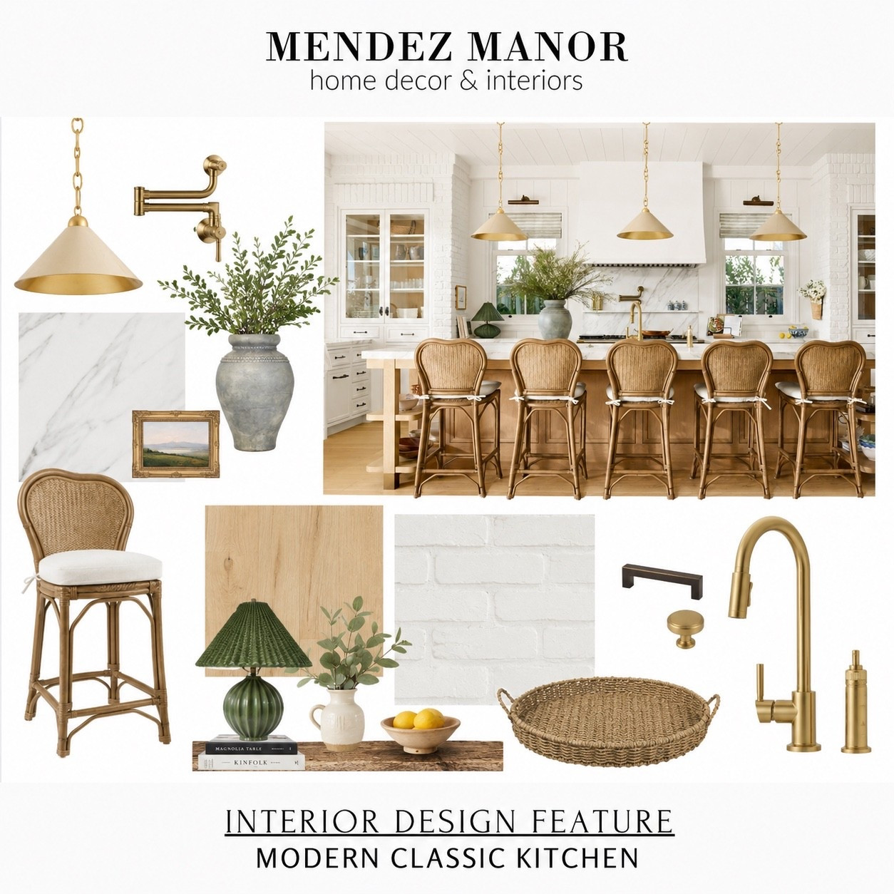Modern classic kitchen design with woven bar stools, brass fixtures, and lots of natural sunlight. 

I’m a firm believer that white kitchen cabinets will never go out of style.

#LTKHome #LTKSaleAlert #LTKmorningroutine