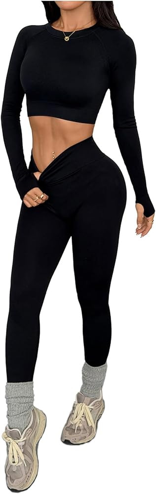 SweatyRocks Women's 2 Piece Sports Outfit Solid Cut Out Back Long Sleeve Crop Top and Leggings Se... | Amazon (US)