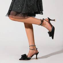 Womens Black Pointed Toe Bow Rhinestone Slingback Sexy High Heels Sandals Fashionable Elegant Shoes | SHEIN