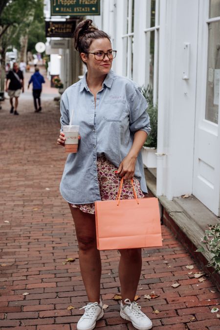 my favorite oversized button down says “mama” on the pocket + comfy shorts for a full day in Nantucket! 