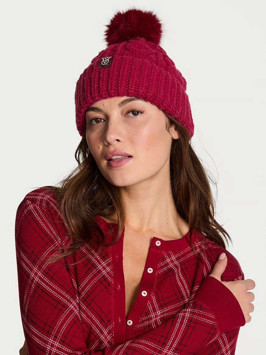 Buy Cozy Cable-Knit Pom Beanie, Red Lacquer - Order Hats online - Victoria's Secret US | Victoria's Secret (US / CA )