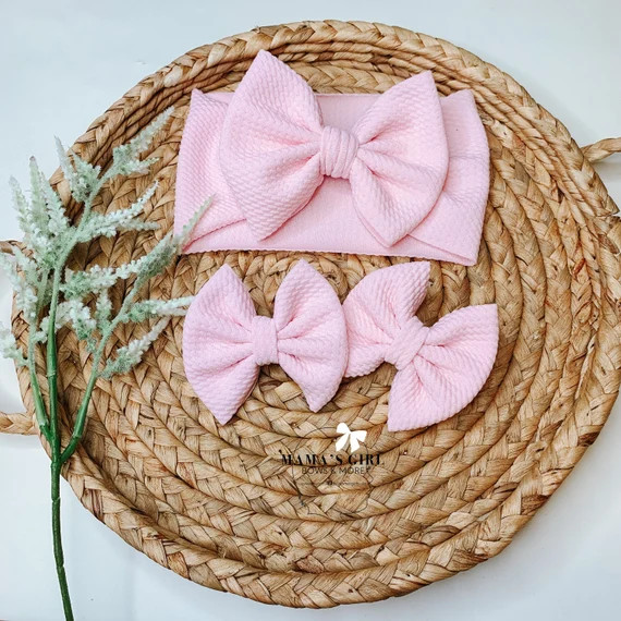 BABY PINK Baby Girl Bows Solid Color Headwrap Headband, Clips, Piggies, Bows on Nylon. Micro Pree... | Etsy (US)
