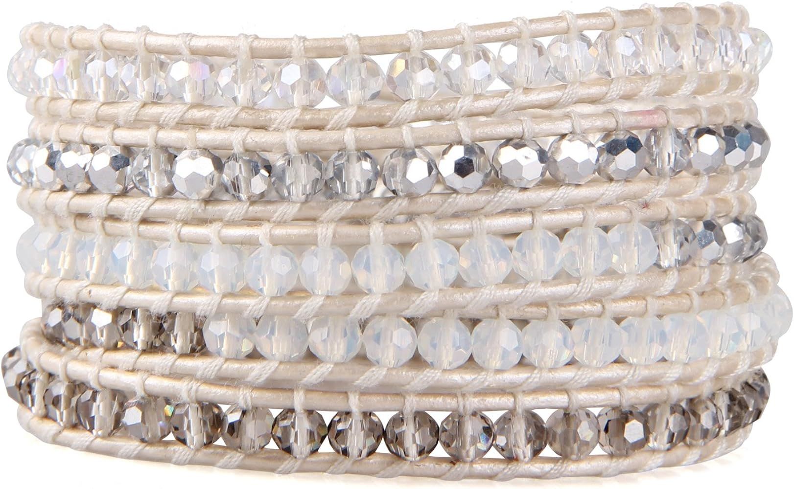 KELITCH Crystal Gray Beaded 5 Wrap Bracelet On Lvory Leather Handmade Jewelry | Amazon (US)