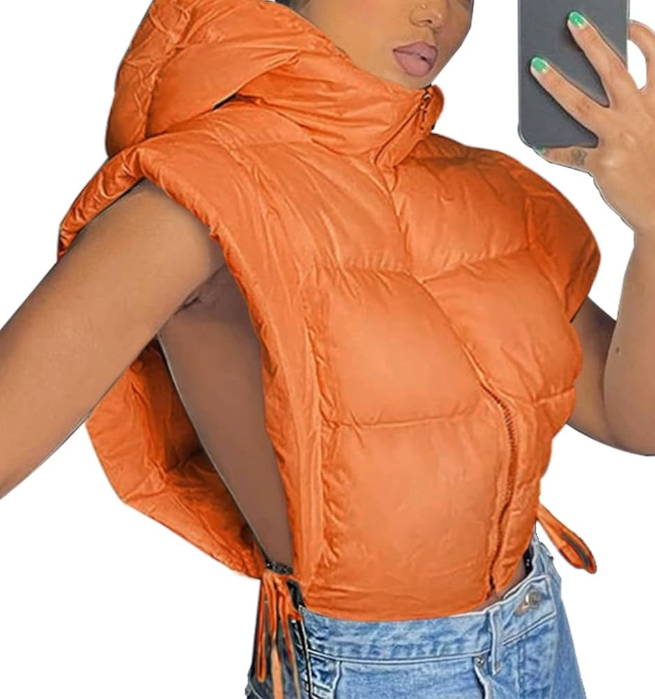 Bnigung Women's Cropped Puffer Vest Tie Sleeveless Zip Up Hoodies Coats Filled Fluffy Bread Waist... | Amazon (US)