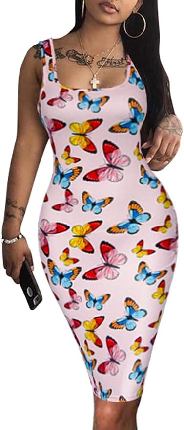 LAGSHIAN Women's Sexy Bodycon Tank Dress Sleeveless Basic Midi Club Dresses | Amazon (US)