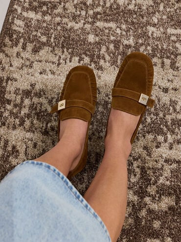Cody Suede Metallic-Buckle Ruched Loafers
    
         - Brown | Charles & Keith UK
