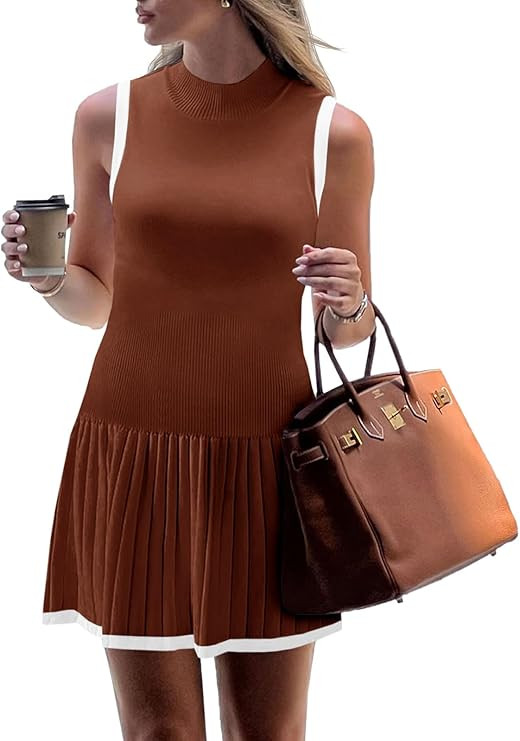 Wenrine Womens Sleeveless Summer Mini Dress Mock Neck Ribbed Knit Ruffle Pleated Casual Tank Dres... | Amazon (US)