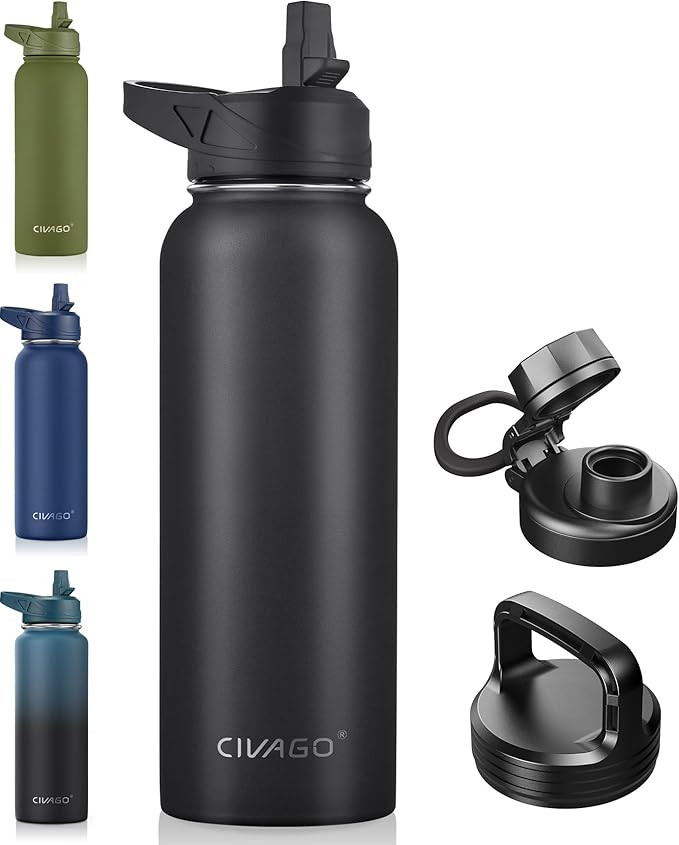 CIVAGO 40 oz Insulated Water Bottle With Straw, Stainless Steel Sports Water Cup Flask with 3 Lid... | Amazon (US)