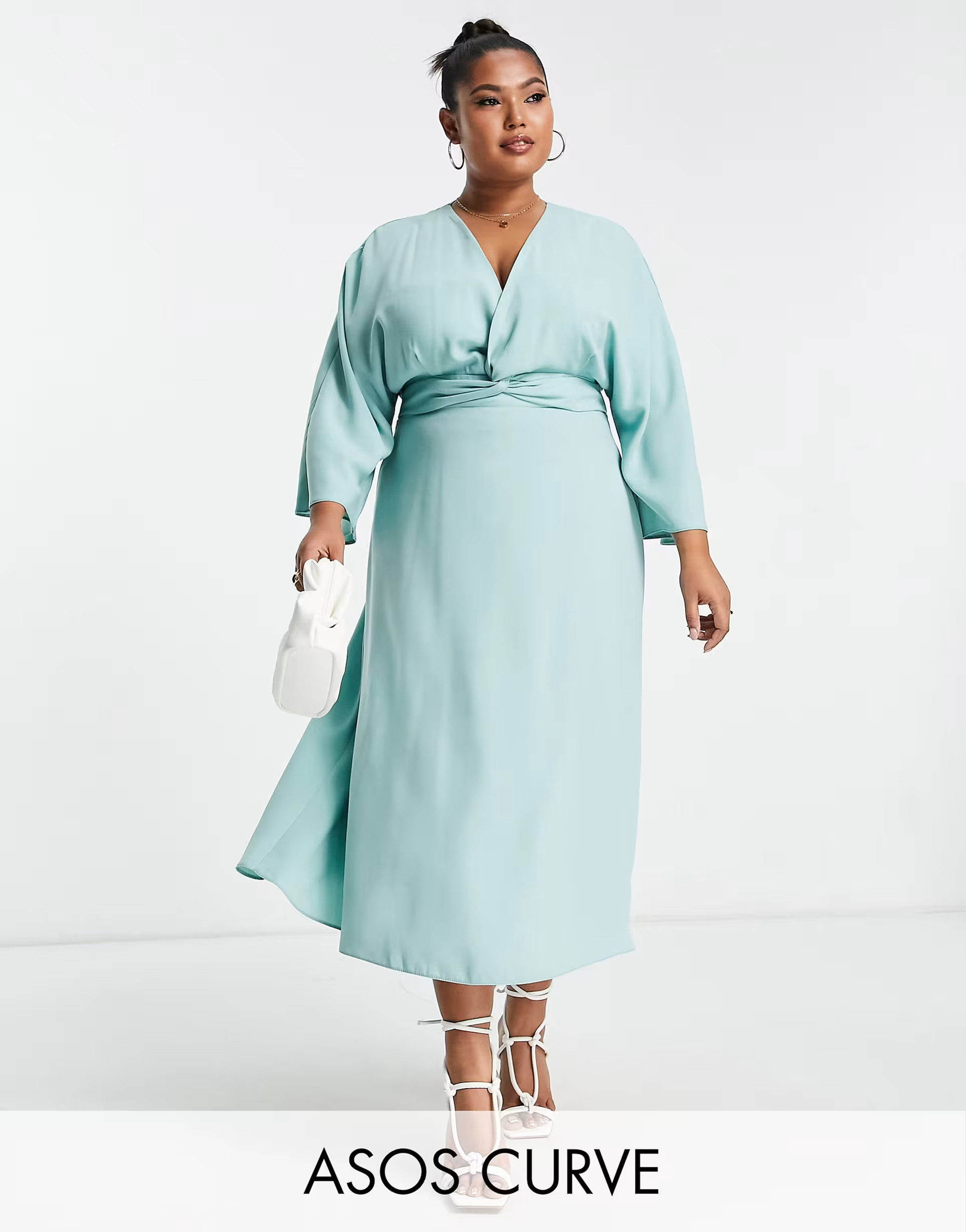 ASOS DESIGN Curve batwing twist front midi skater dress in duck egg | ASOS (Global)