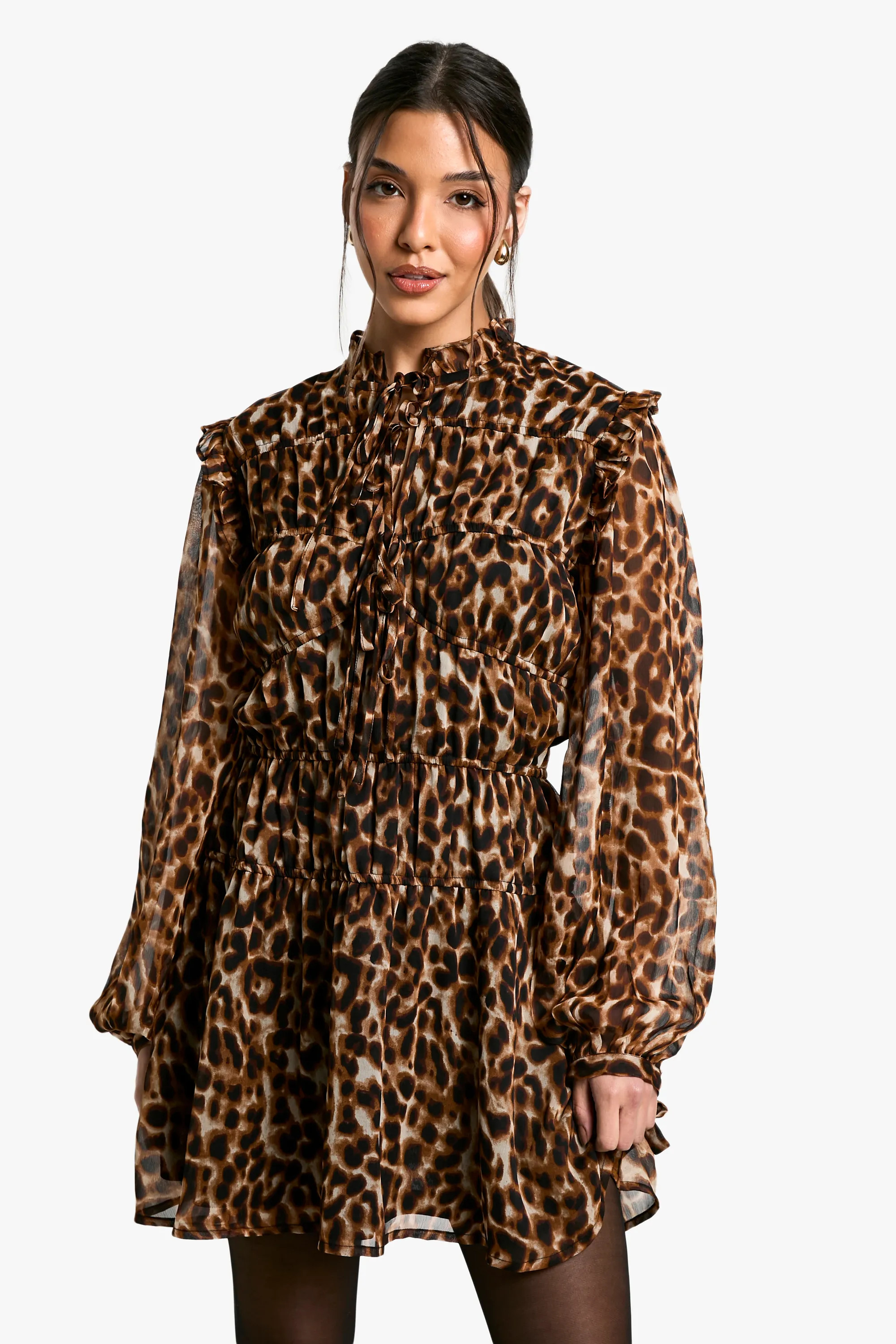 Brown Leopard Tie Chiffon Smock Dress | Boohoo USA | boohoo (US & Canada)