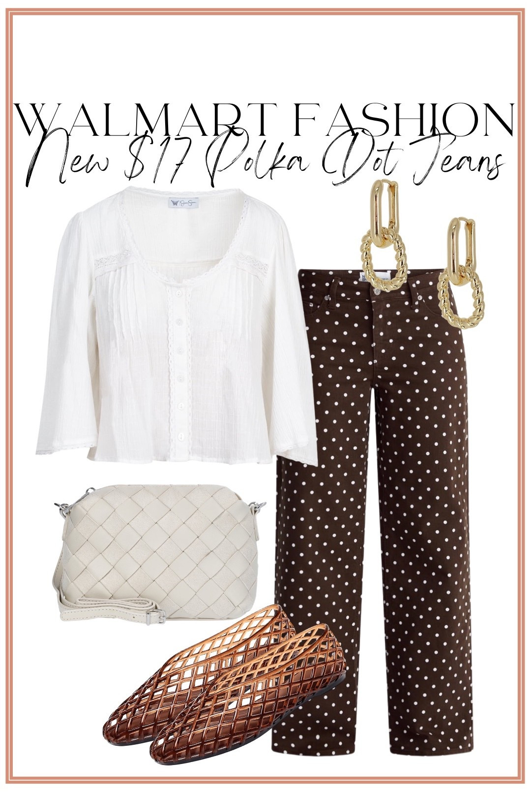 Obsessed is an understatement! 🤎 Polka dots are having such a moment, and these NEW Walmart jeans are the cutest way to wear the trend without spending a fortune. For just $17, they have the perfect straight-leg fit, are incredibly comfortable, and instantly make a simple white blouse look effortlessly chic.

I paired them with a feminine white textured top, woven cream crossbody, gold statement earrings, and the cutest woven brown flats for an elevated everyday outfit that’s perfect for brunch, shopping, casual Fridays, or date night. ✨

Affordable fashion has seriously been so good lately, and this entire look proves you don’t have to splurge to look put together!

#WalmartFashion #WalmartFinds #AffordableFashion #PolkaDotTrend #PolkaDotJeans #SummerStyle #FallTransition #EverydayStyle #CasualChic #FashionFinds #BudgetFashion #WalmartStyle #StyleInspiration #NeutralStyle #OOTD #FashionOver40 #ClassicStyle #AffordableStyle #WomenWhoShop #EverydayOutfit

#LTKootd #LTKPetite