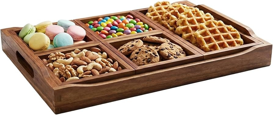 Divided Serving Tray with 5 Snack Organizers - Acacia Wood Ottoman Coffee Table Tray with 5 Remov... | Amazon (US)