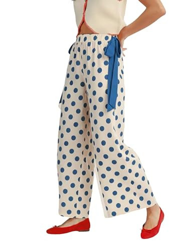 Gozoloma Women's Polka Dot Wide Leg Pants Elastic Waist Side Tie Contrast Detail with Pockets Casual Summer Palazzo Trousers(Blue-S) | Amazon (US)