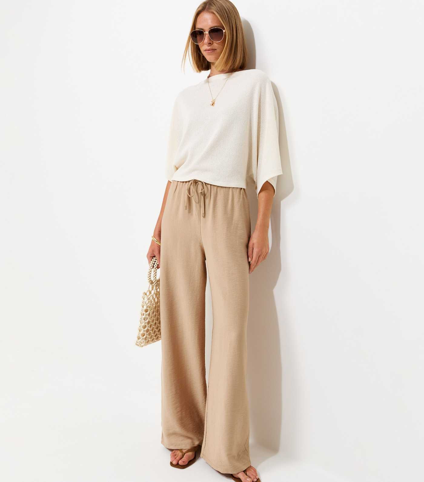 Stone Woven Drawstring Wide Leg Trousers | New Look | New Look (UK)