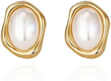 Dckazz Vintage Pearl Earrings Chunky 14K Gold Plated Pearl Earrings for Women Oval Stud Non Tarni... | Amazon (US)