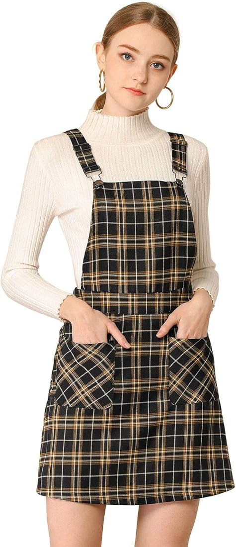 Allegra K Women's Adjustable Strap Above Knee Plaid Printed Overall Dress Suspender Skirt | Amazon (US)