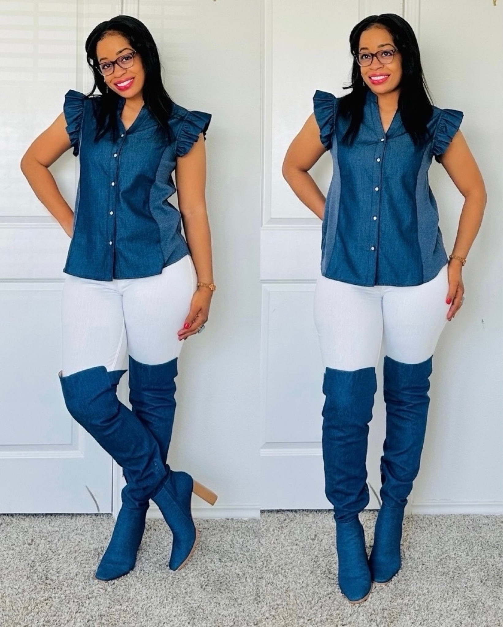 Denim outfits
Flange sleeve button denim shirt and over the knees denim boots.

#LTKfindsunder50 #LTKSpringSale #LTKbeauty