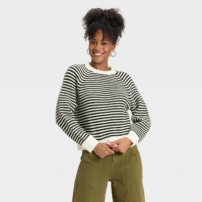 Women's Long Sleeve Cozy Knit Crewneck Pullover Sweater - Universal Thread™ Black Striped L | Target