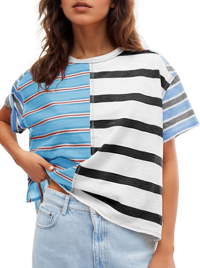 Tankaneo Womens Summer Striped Shirts Casual Color Block Short Sleeve Tops Loose Fit Crew Neck Te... | Amazon (US)
