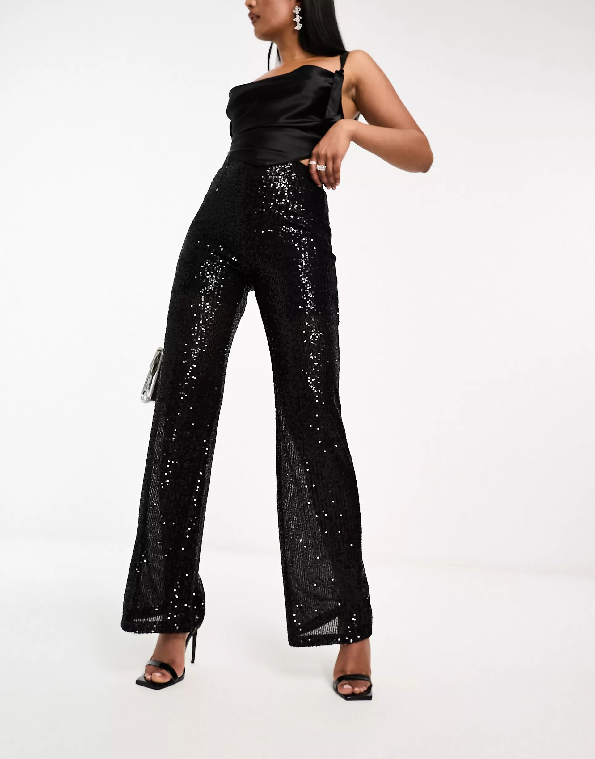 AX Paris sequin straight leg pants in black | ASOS (Global)