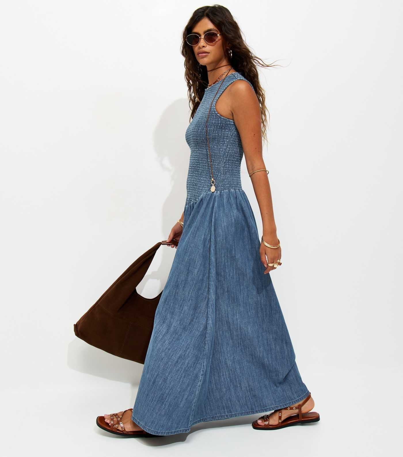 Blue Denim Shirred Dropped Waist Maxi Dress | New Look | New Look (UK)