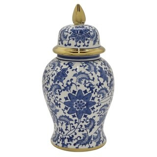 Ceramic B&w Temple Jar W/gold in Blue Porcelain 7inL x 7in W x 14in H | Bed Bath & Beyond