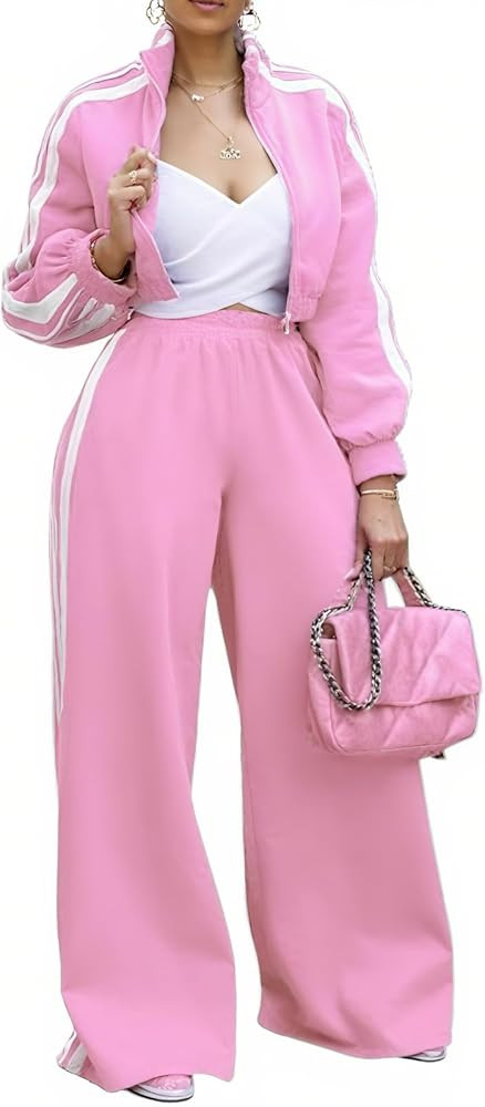 Akmipoem Sweatsuits Women 2 Piece Outfit Striped Tracksuit Long Sleeve Zipper Crop Jacket Wide Le... | Amazon (US)